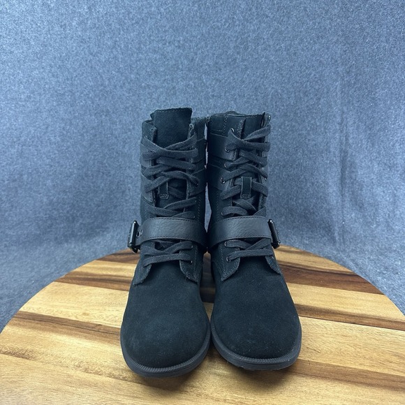 UGG Zia Black Suede Shearling Buckle Strap Waterproof Combat Boots Womens Sz 6.5 - Picture 3 of 10